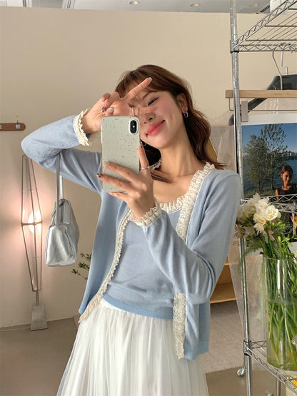 Lace Trim Tie-Front Cardigan + Camisole Set