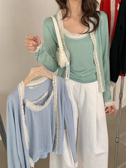 Lace Trim Tie-Front Cardigan + Camisole Set