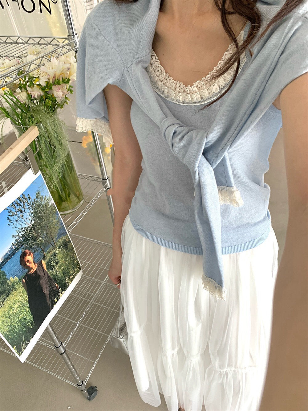 Lace Trim Tie-Front Cardigan + Camisole Set