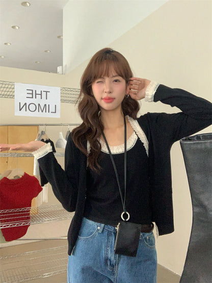 Lace Trim Tie-Front Cardigan + Camisole Set