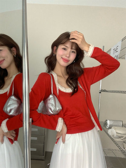 Lace Trim Tie-Front Cardigan + Camisole Set