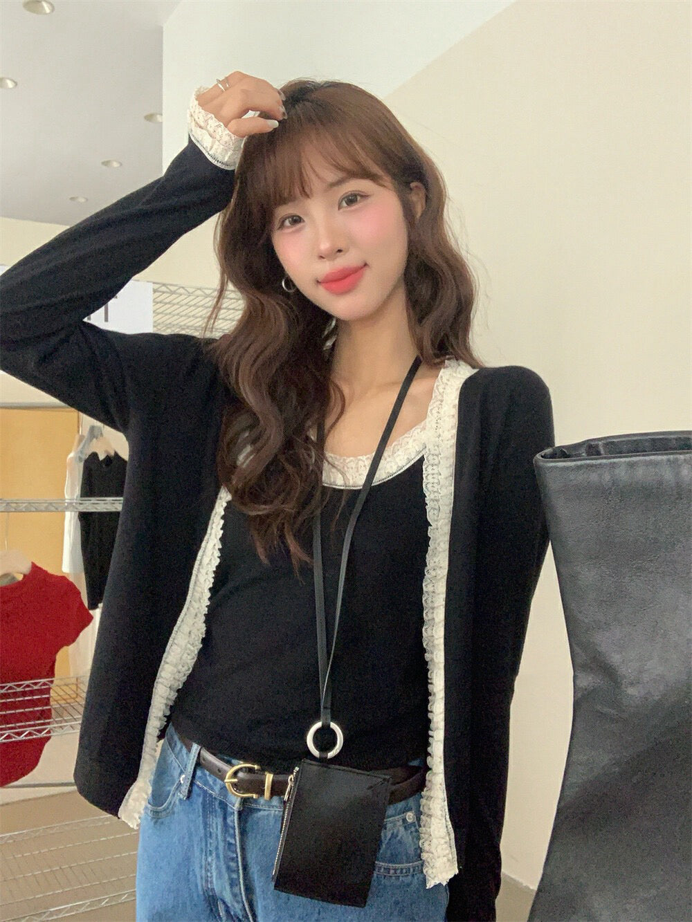 Lace Trim Tie-Front Cardigan + Camisole Set