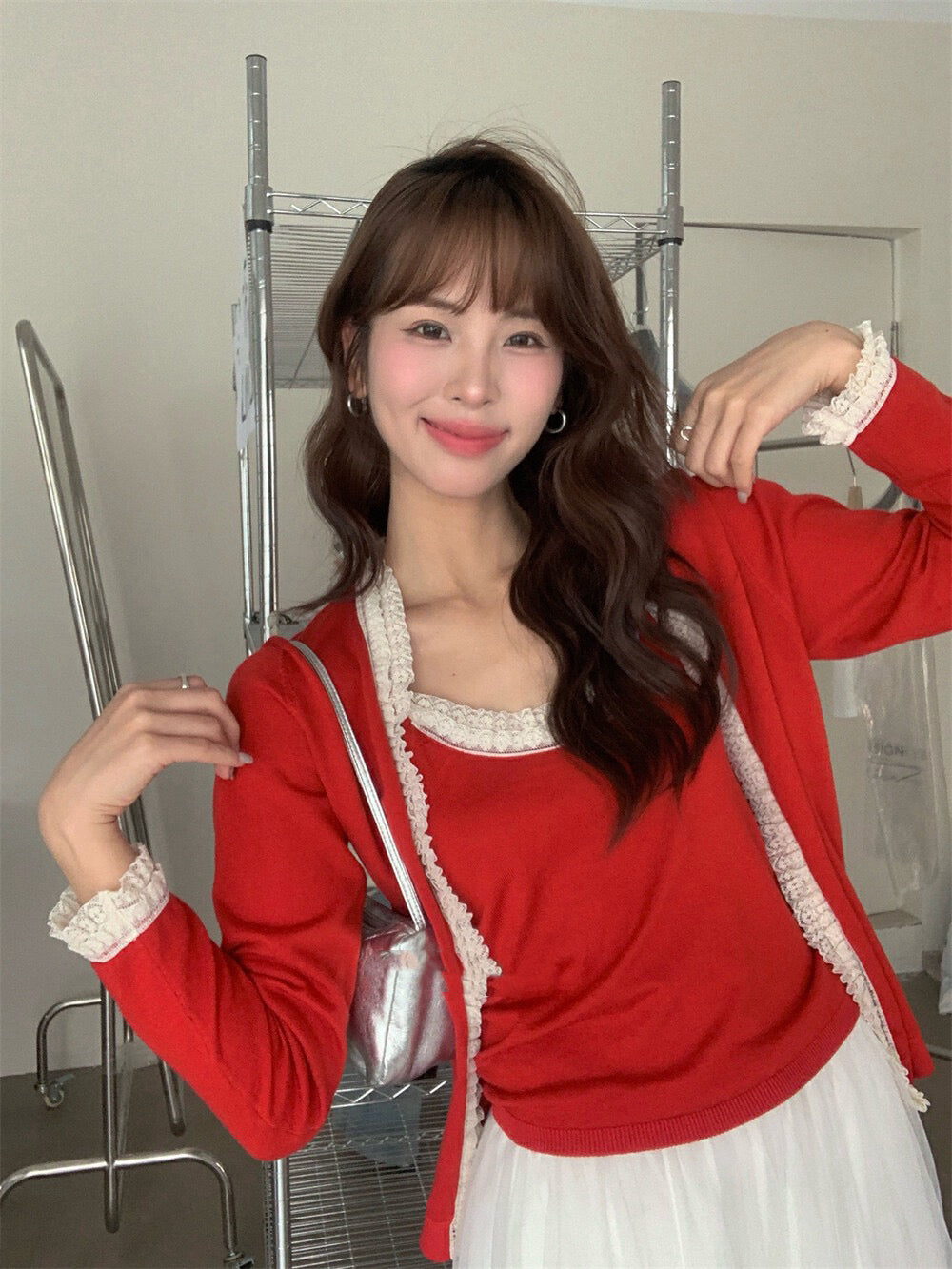 Lace Trim Tie-Front Cardigan + Camisole Set