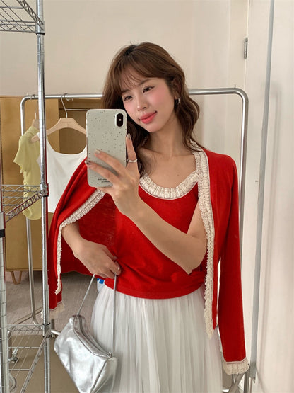 Lace Trim Tie-Front Cardigan + Camisole Set