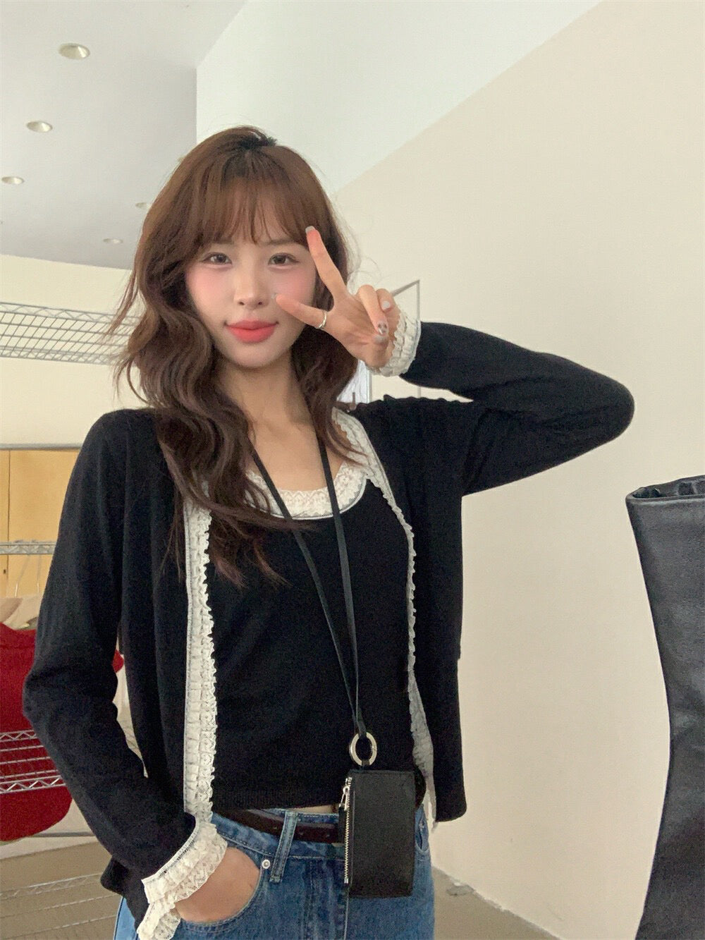 Lace Trim Tie-Front Cardigan + Camisole Set