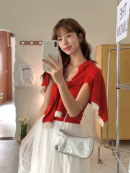 Lace Trim Tie-Front Cardigan + Camisole Set