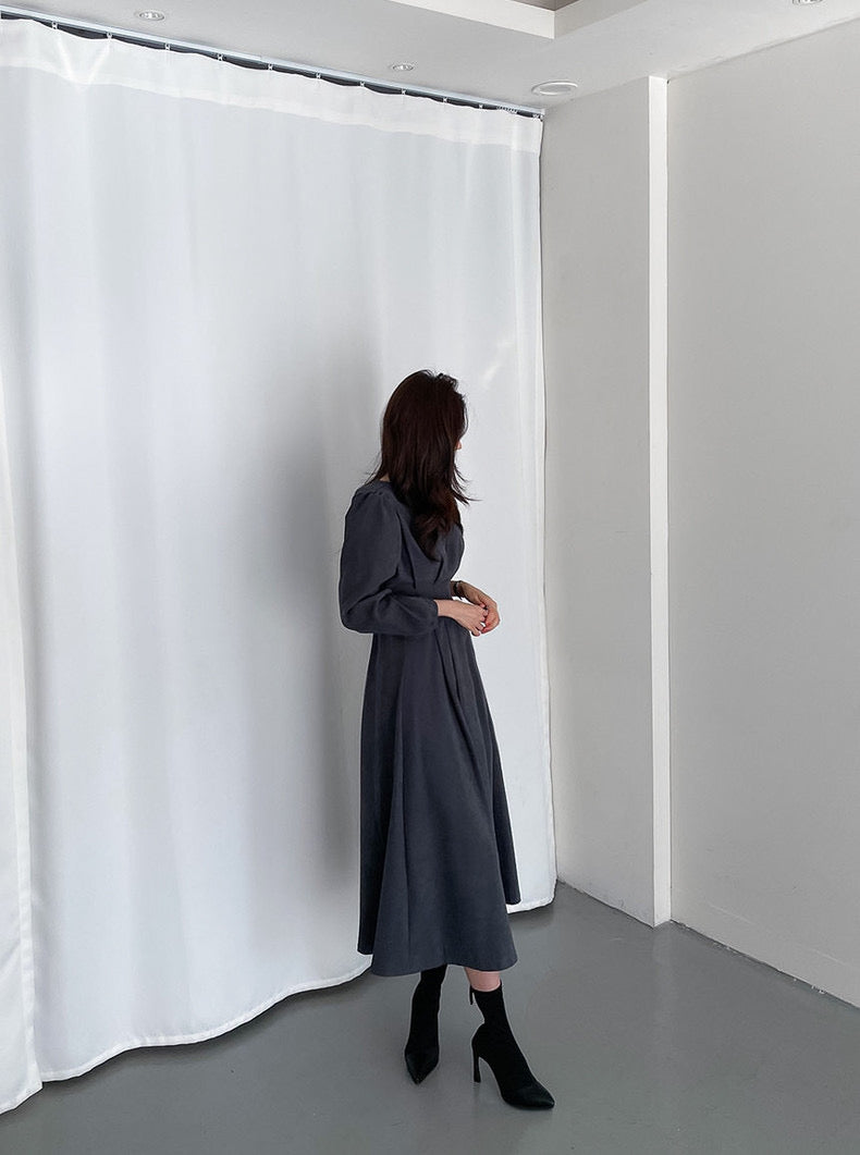 プリーツ付きタイウエストパフスリーブワンピース