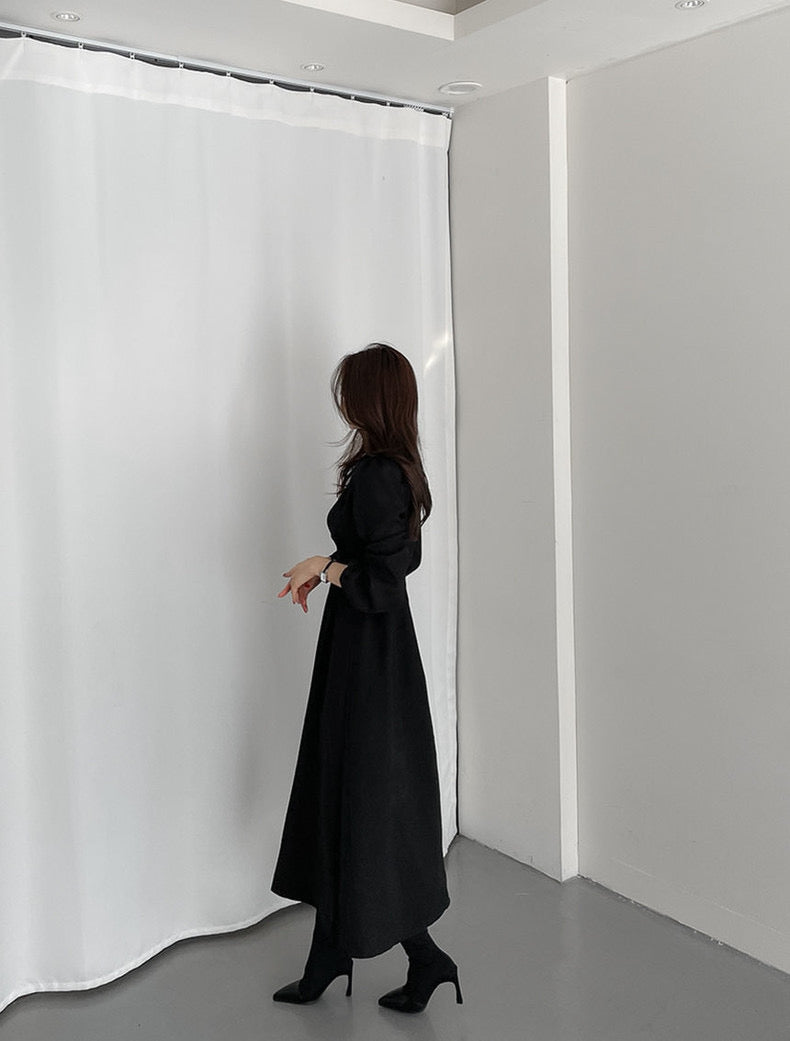 プリーツ付きタイウエストパフスリーブワンピース