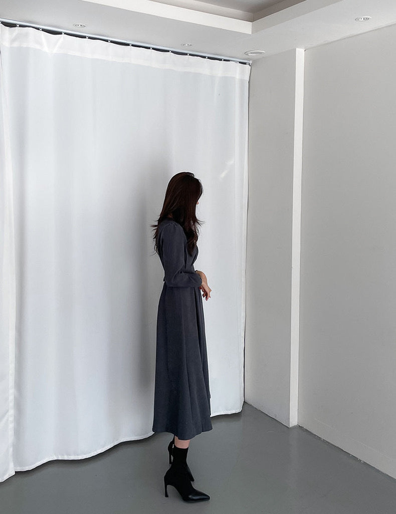 プリーツ付きタイウエストパフスリーブワンピース