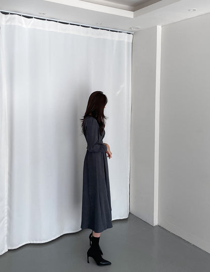 プリーツ付きタイウエストパフスリーブワンピース