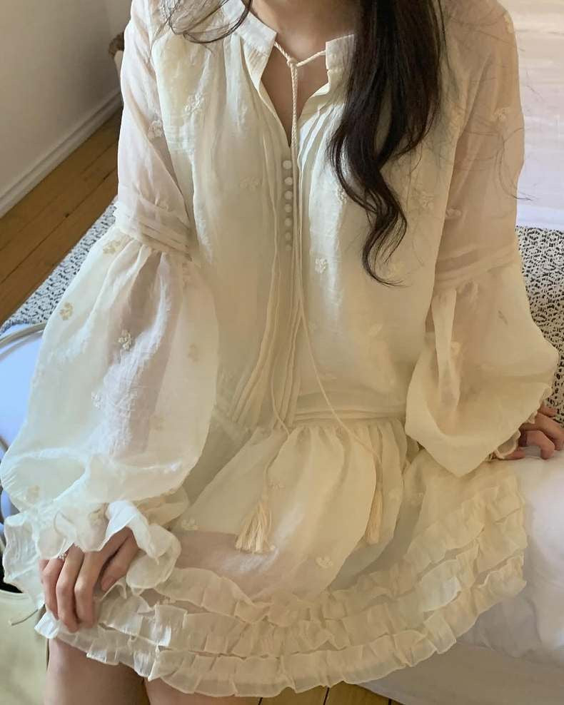 Embroidered Lace Ruffled Edge Dress