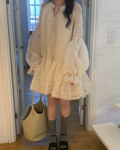 Embroidered Lace Ruffled Edge Dress