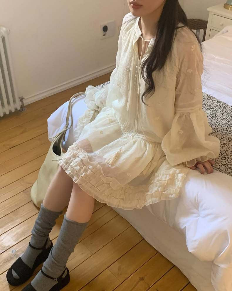 Embroidered Lace Ruffled Edge Dress