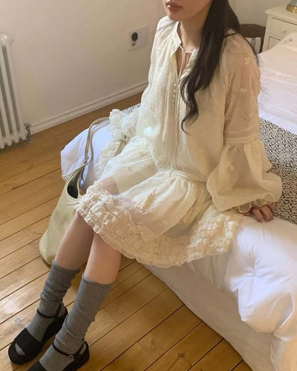 Embroidered Lace Ruffled Edge Dress