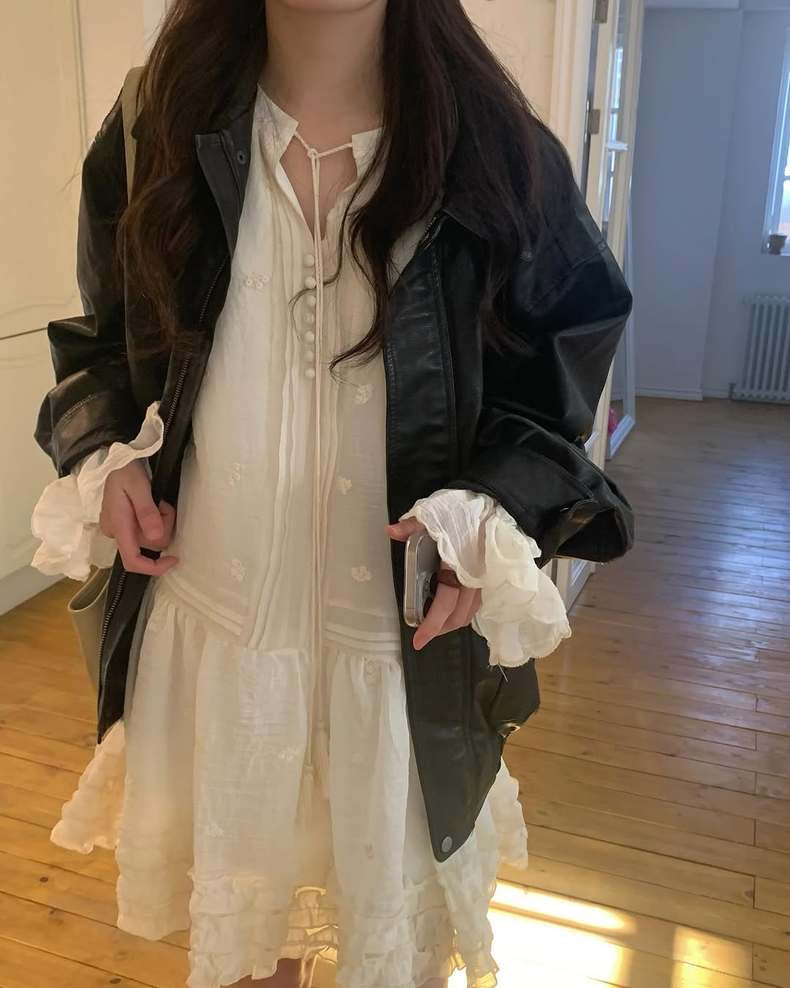 Embroidered Lace Ruffled Edge Dress