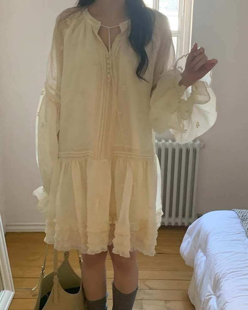 Embroidered Lace Ruffled Edge Dress