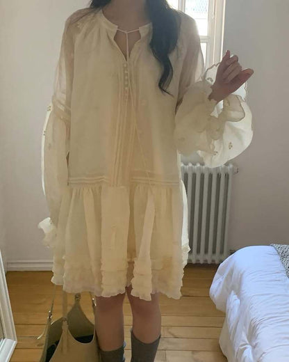 Embroidered Lace Ruffled Edge Dress