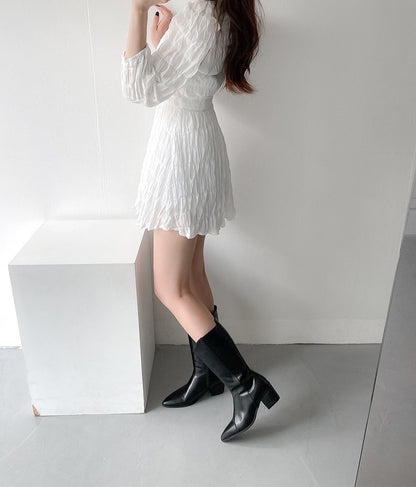 V領褶皺肌理感連身裙