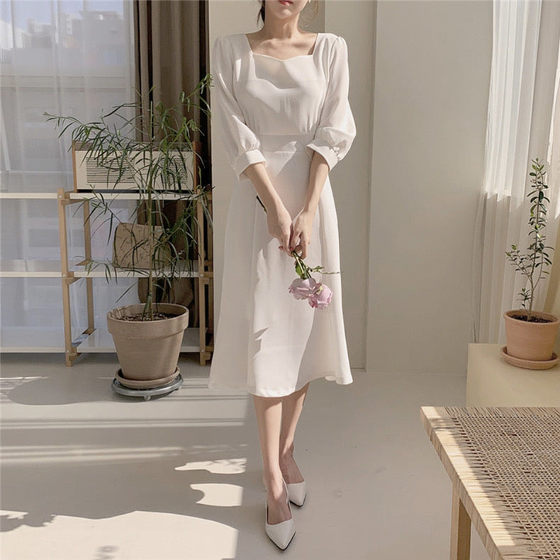 方領收腰魚尾連身裙