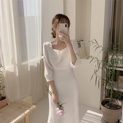 方領收腰魚尾連身裙