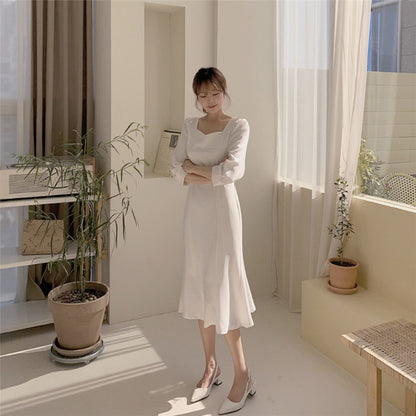 方領收腰魚尾連身裙