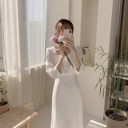 方領收腰魚尾連身裙