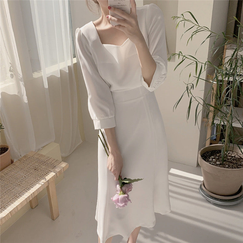 方領收腰魚尾連身裙