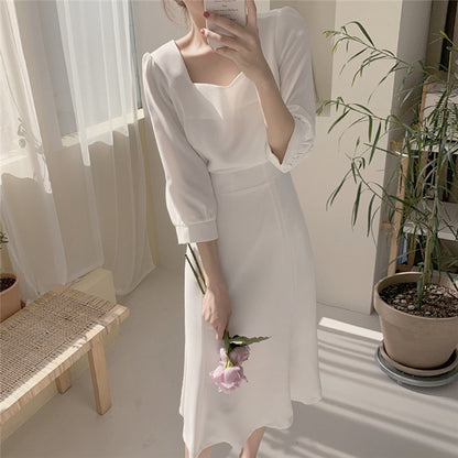 方領收腰魚尾連身裙