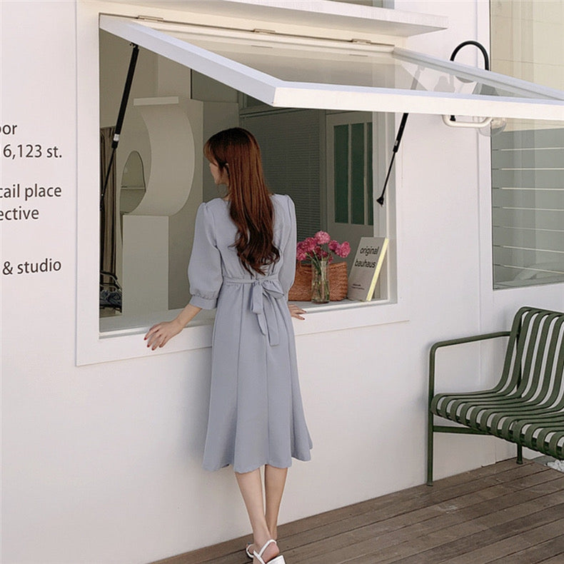 方領收腰魚尾連身裙