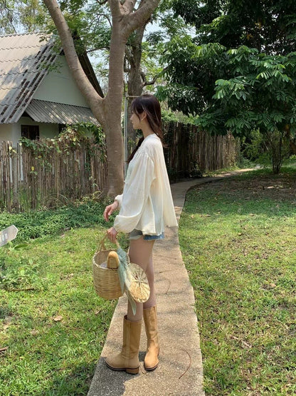 V領系扣泡泡袖恤衫