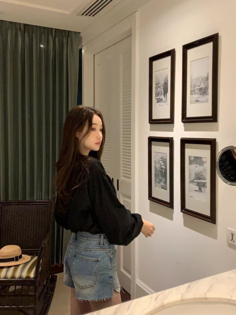 V領系扣泡泡袖恤衫