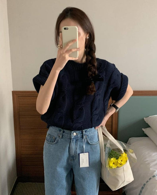 麻花紋寬鬆卷邊短袖