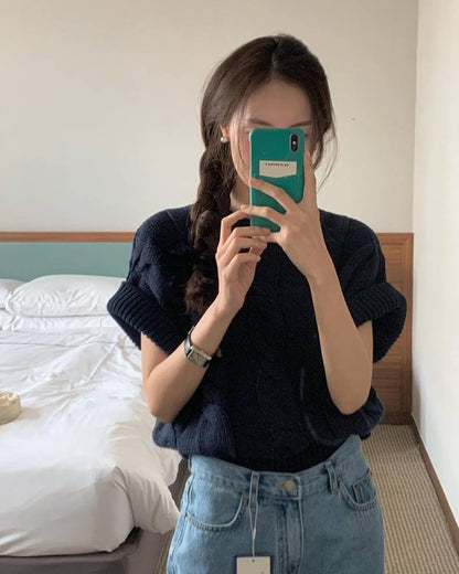 麻花紋寬鬆卷邊短袖