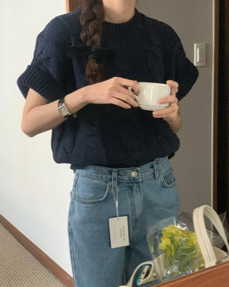 麻花紋寬鬆卷邊短袖