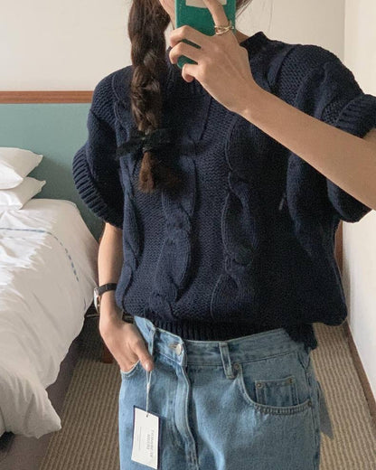 麻花紋寬鬆卷邊短袖