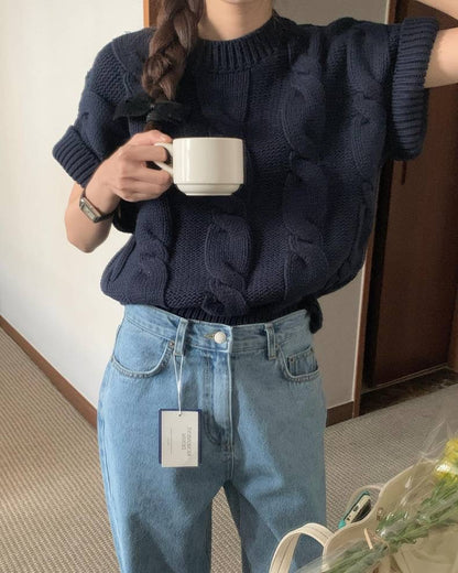 麻花紋寬鬆卷邊短袖