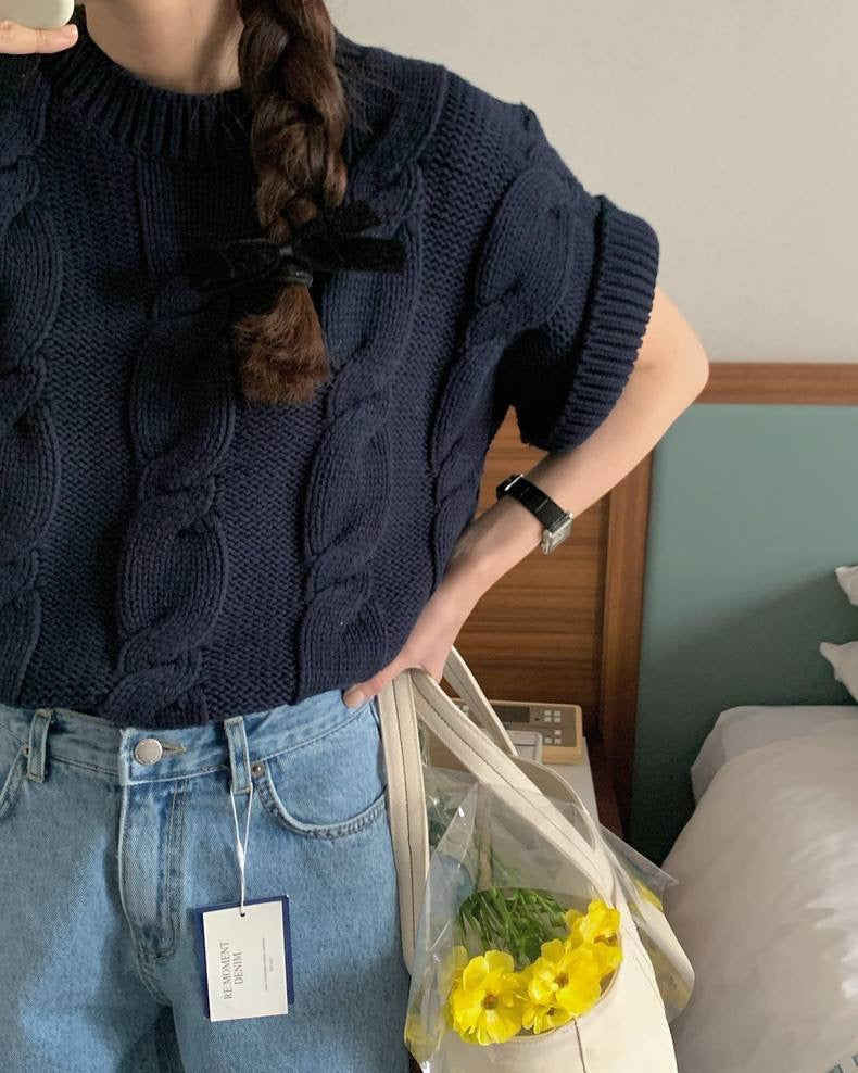 麻花紋寬鬆卷邊短袖