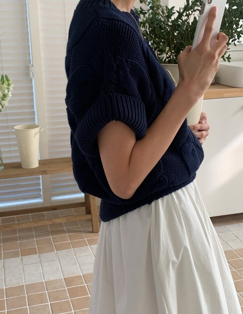 麻花紋寬鬆卷邊短袖