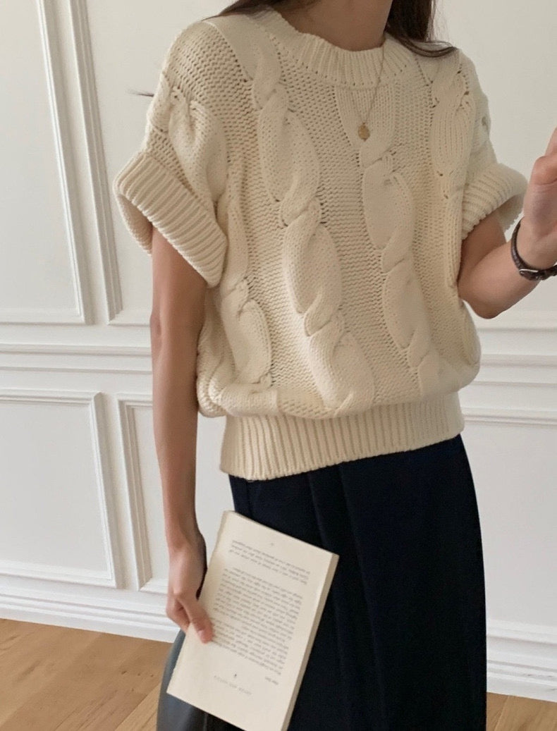 麻花紋寬鬆卷邊短袖