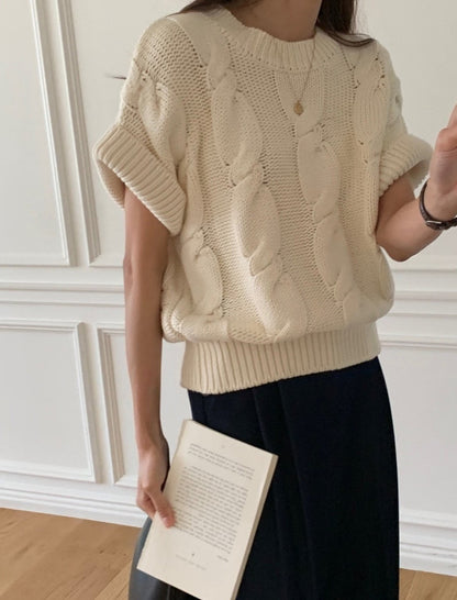 麻花紋寬鬆卷邊短袖