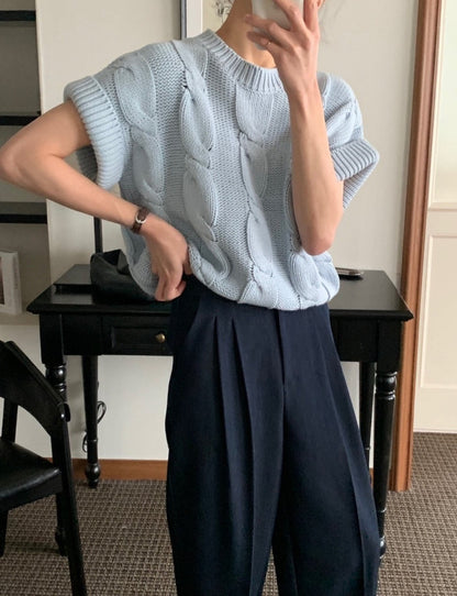 麻花紋寬鬆卷邊短袖