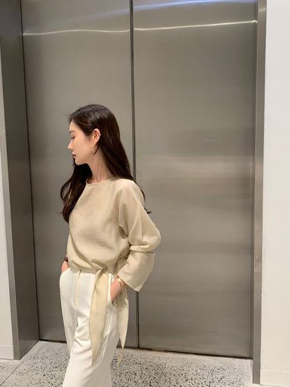 Tie Hem Round Neck Versatile Shirt