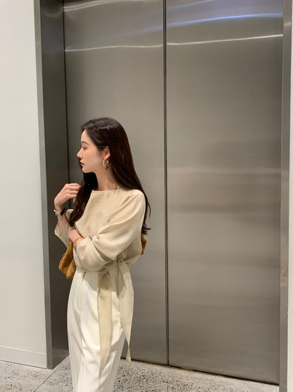 Tie Hem Round Neck Versatile Shirt