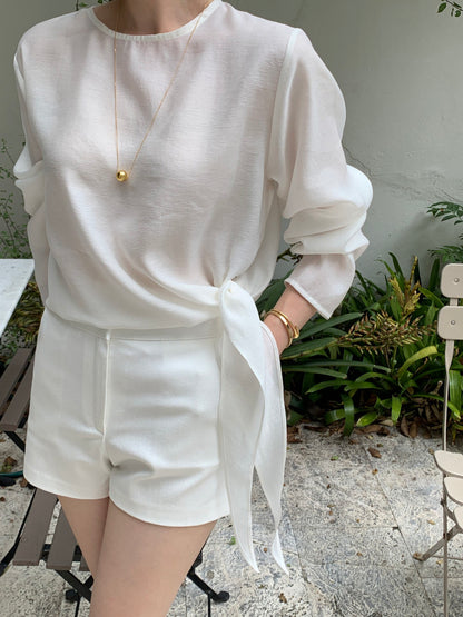 Tie Hem Round Neck Versatile Shirt