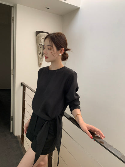 Tie Hem Round Neck Versatile Shirt