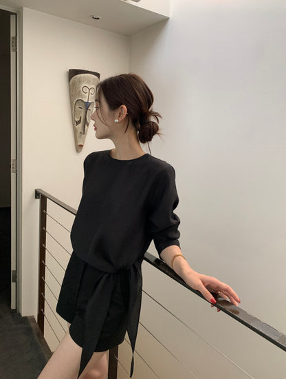 Tie Hem Round Neck Versatile Shirt