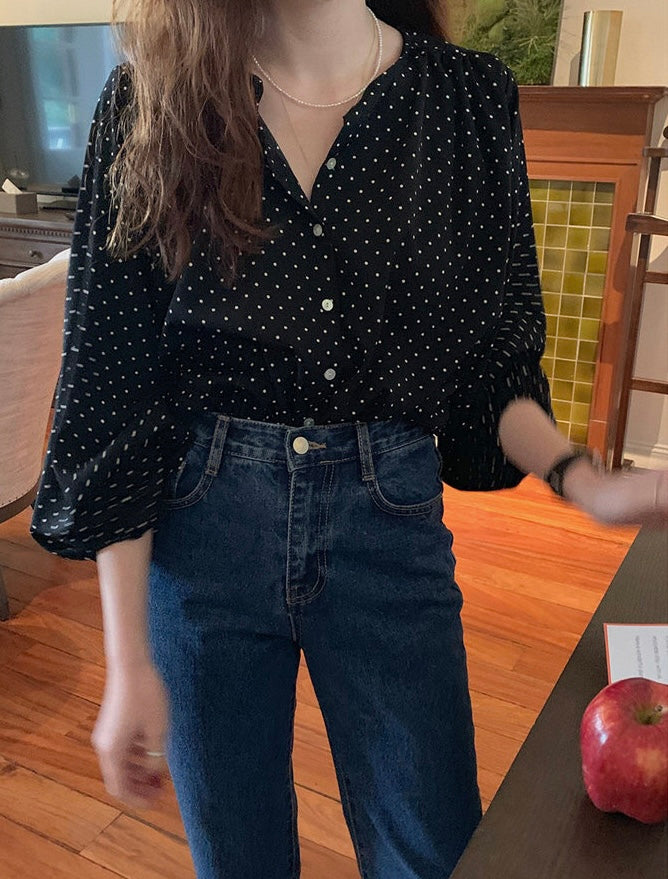 波點燈籠袖恤衫