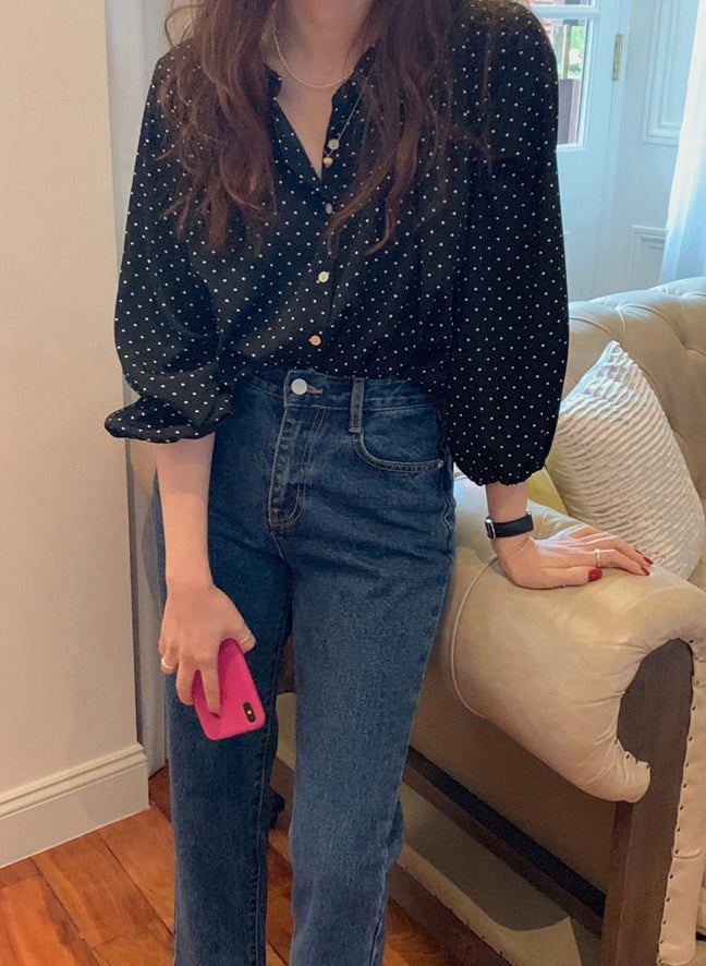 波點燈籠袖恤衫