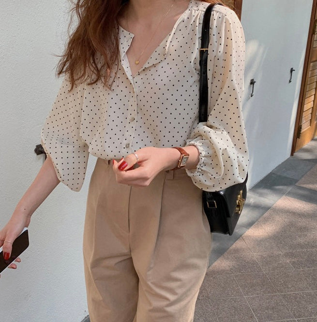 波點燈籠袖恤衫
