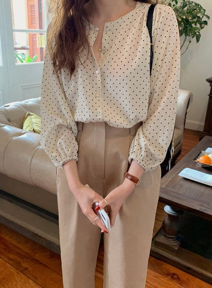 波點燈籠袖恤衫